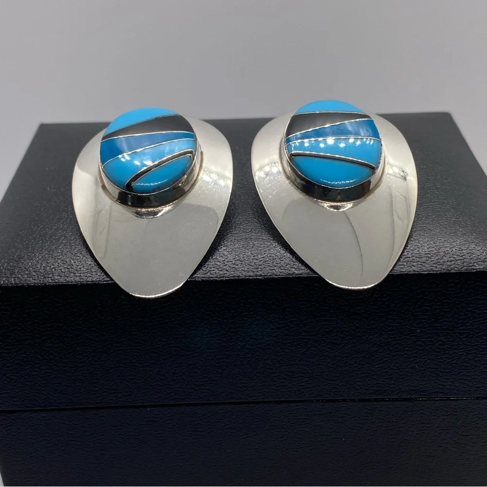 Sterling Silver Block Multi Stone Inlay Post Earrings SIGNED turquoise Navajo - Picture 5 of 16